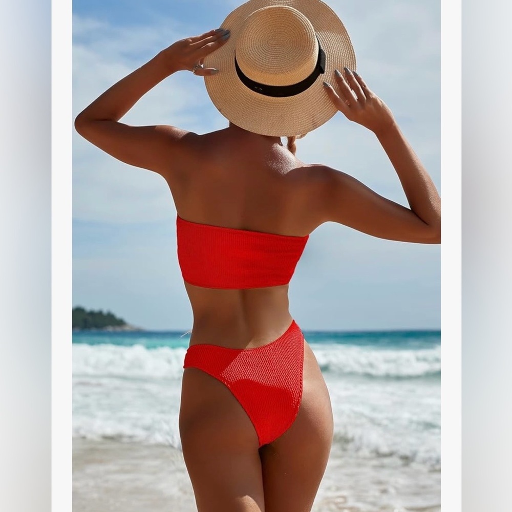 NWOT YIMISAN Ribbed Bandeau Two-Piece Bikini Red Size M - Picture 9 of 9